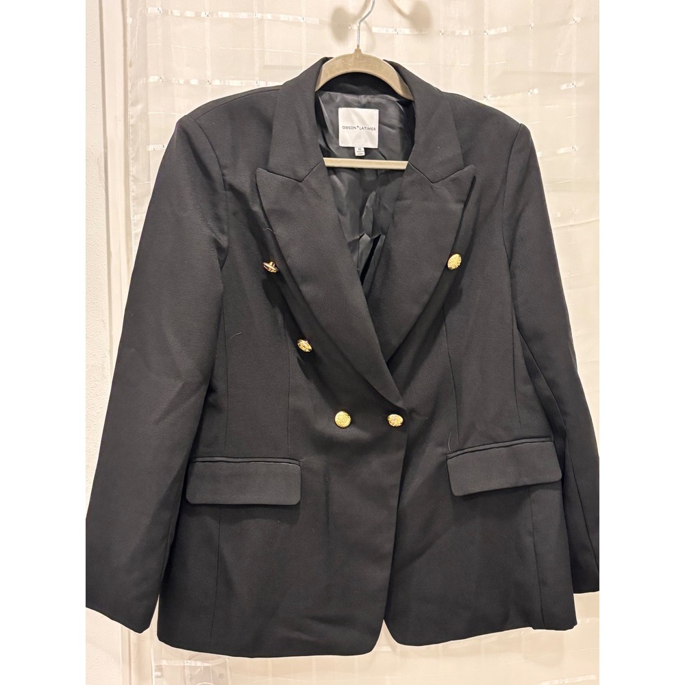 Gibson Latimer Womens XL Black Double Breasted Blazer Gold Crest Buttons Jacket